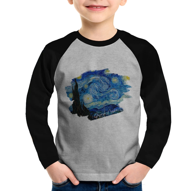 Camiseta Raglan Infantil Starry Night Manga Longa - Cinza/Preto