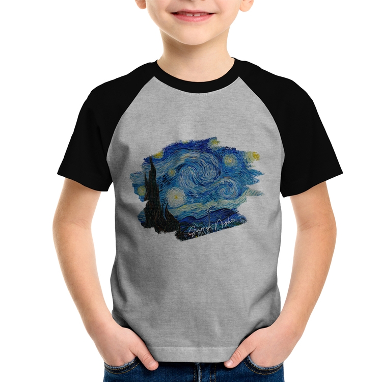 Camiseta Raglan Infantil Starry Night - Cinza/Preto