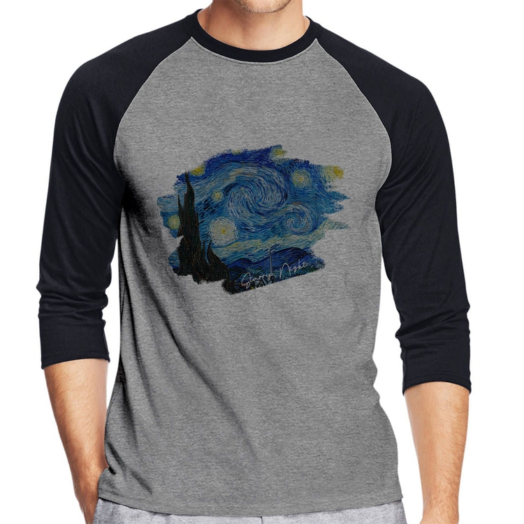 Camiseta Raglan Starry Night Manga 3/4 - Cinza/Preto