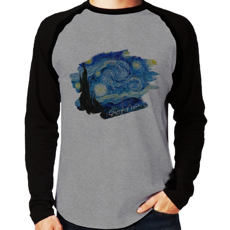 Camiseta Raglan Starry Night Manga Longa - Cinza/Preto