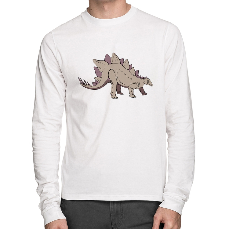 Camiseta Algodão Stegosaurus Manga Longa - Branca