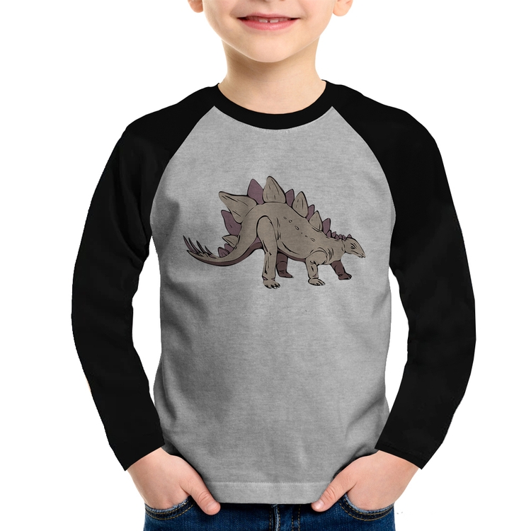 Camiseta Raglan Infantil Stegosaurus Manga Longa - Cinza/Preto