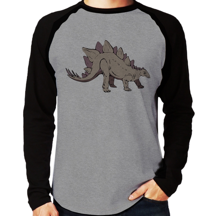 Camiseta Raglan Stegosaurus Manga Longa - Cinza/Preto