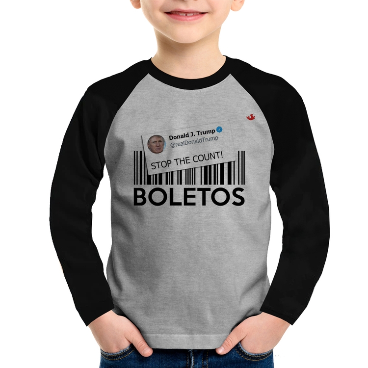 Camiseta Raglan Infantil Stop the Count Boletos Manga Longa - Cinza/Preto