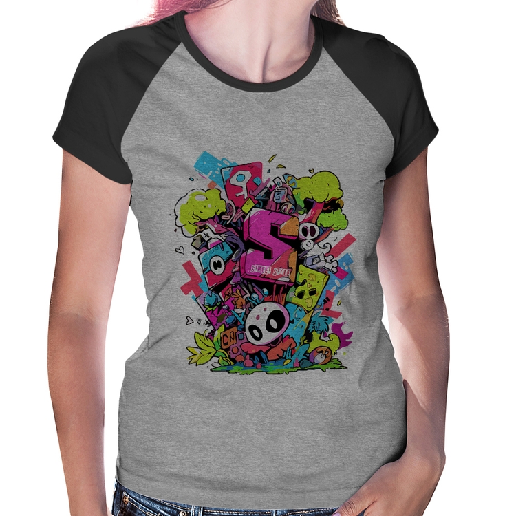 Baby Look Raglan Street Style - Cinza/Preto