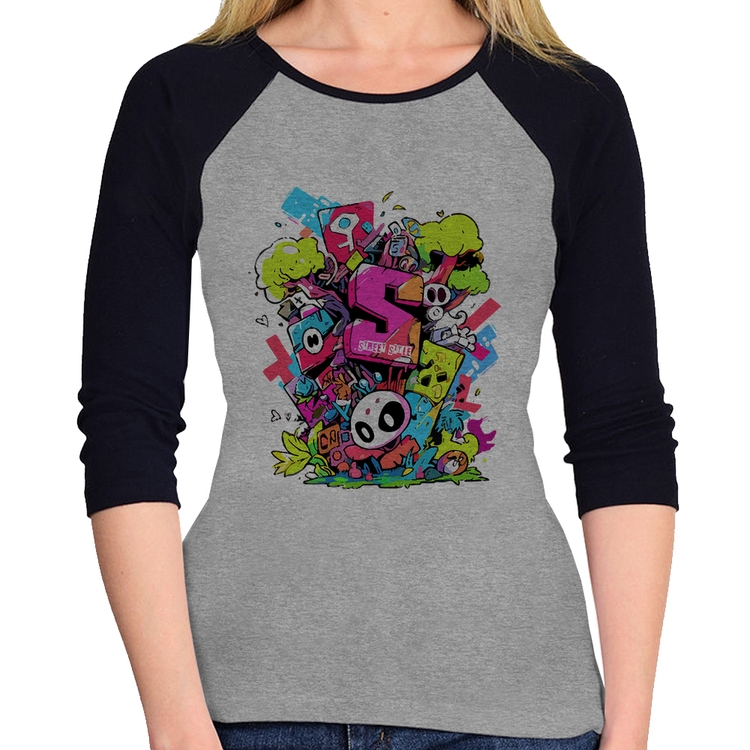 Baby Look Raglan Street Style Manga 3/4 - Cinza/Preto