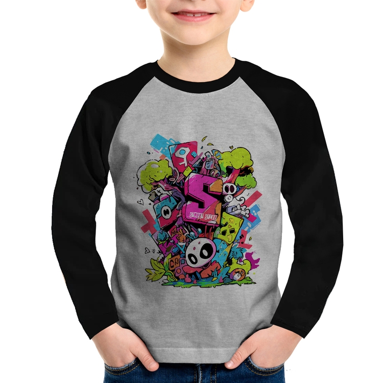 Camiseta Raglan Infantil Street Style Manga Longa - Cinza/Preto
