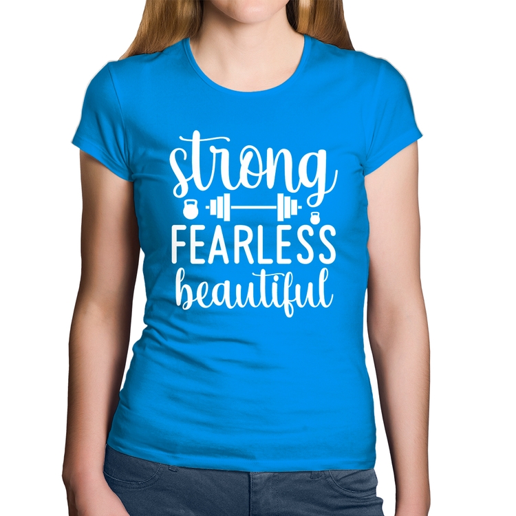 Baby Look Algodão Strong Fearless Beautiful - Azul