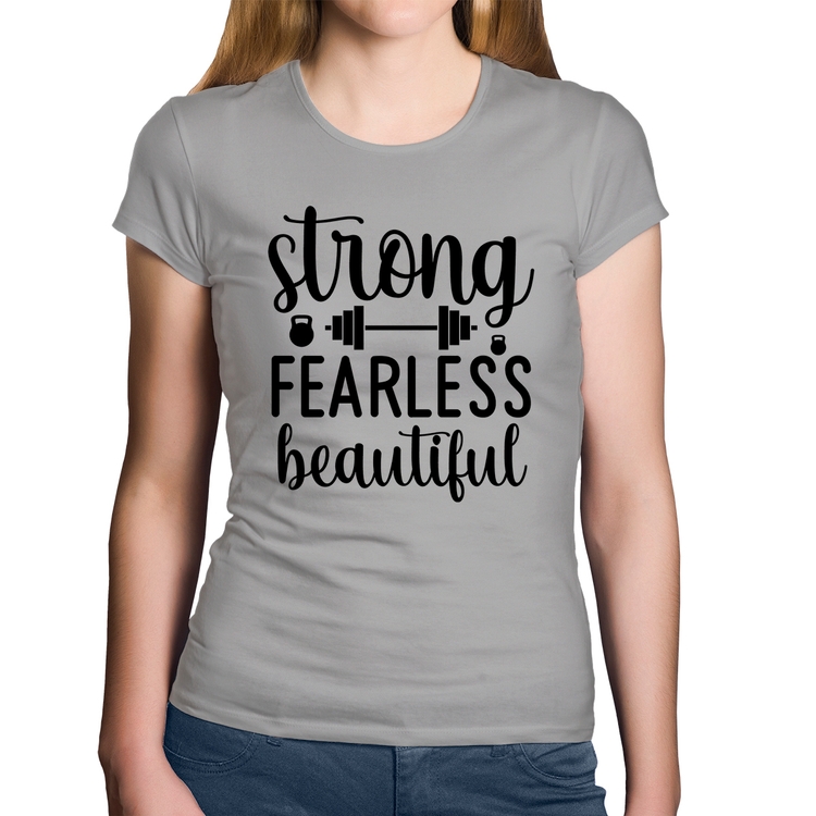 Baby Look Algodão Strong Fearless Beautiful - Cinza