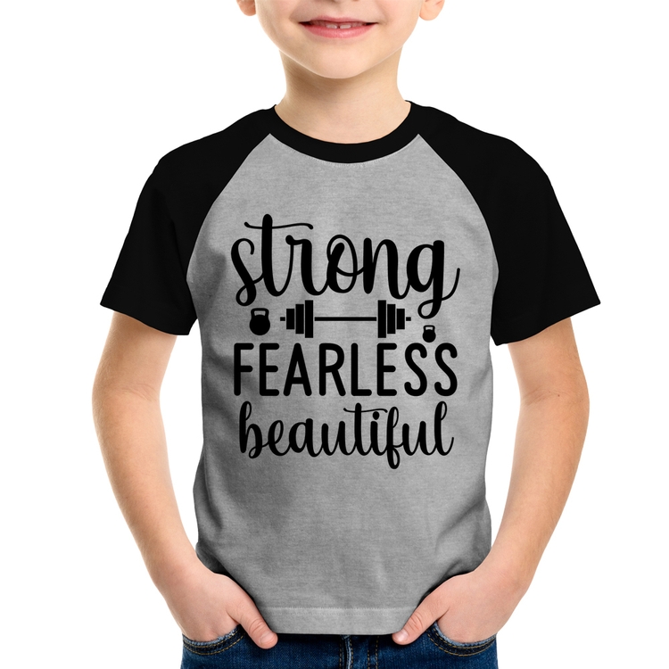 Camiseta Raglan Infantil Strong Fearless Beautiful - Cinza/Preto
