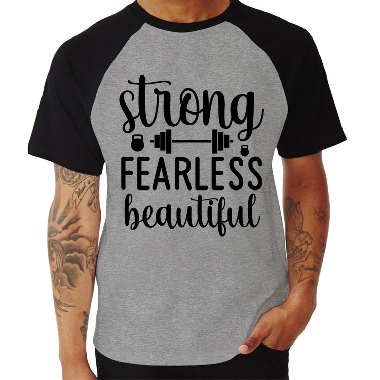 Camiseta Raglan Strong Fearless Beautiful - Cinza/Preto
