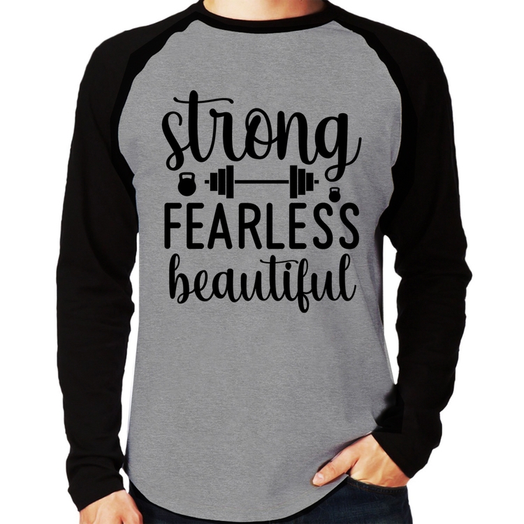 Camiseta Raglan Strong Fearless Beautiful Manga Longa - Cinza/Preto