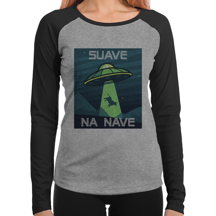 Baby Look Raglan Suave na nave Manga Longa - Cinza/Preto