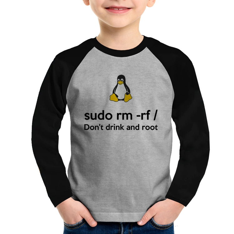Camiseta Raglan Infantil sudo rm -rf / (Don't drink and root) Manga Longa - Cinza/Preto