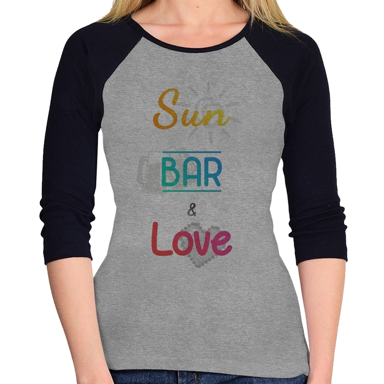 Baby Look Raglan Sun Bar & Love Manga 3/4 - Cinza/Preto