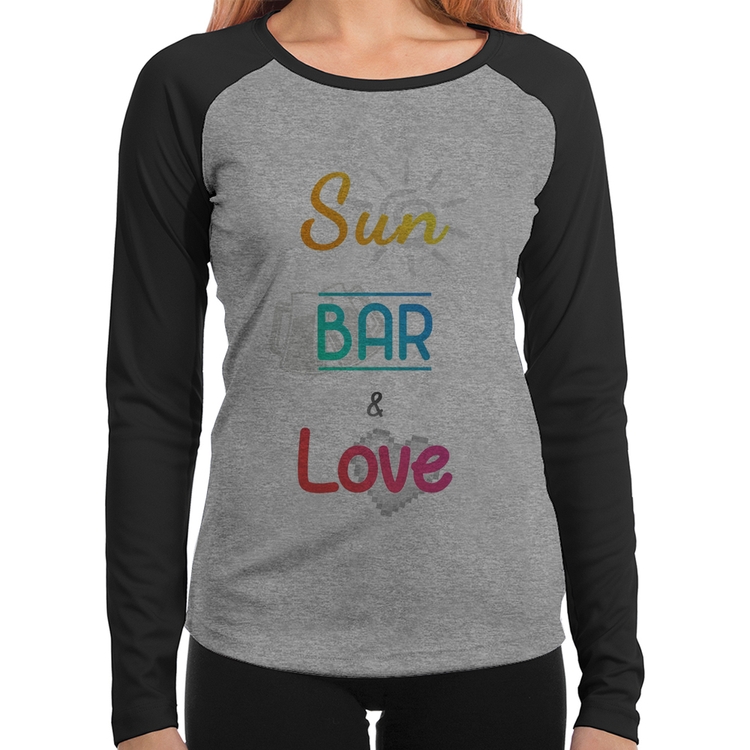 Baby Look Raglan Sun Bar & Love Manga Longa - Cinza/Preto