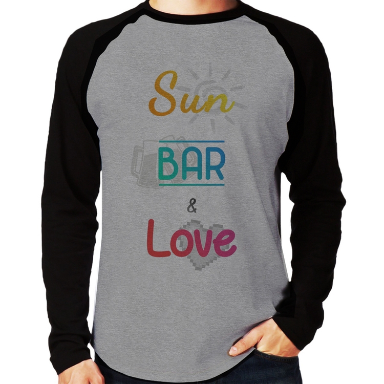Camiseta Raglan Sun Bar & Love Manga Longa - Cinza/Preto