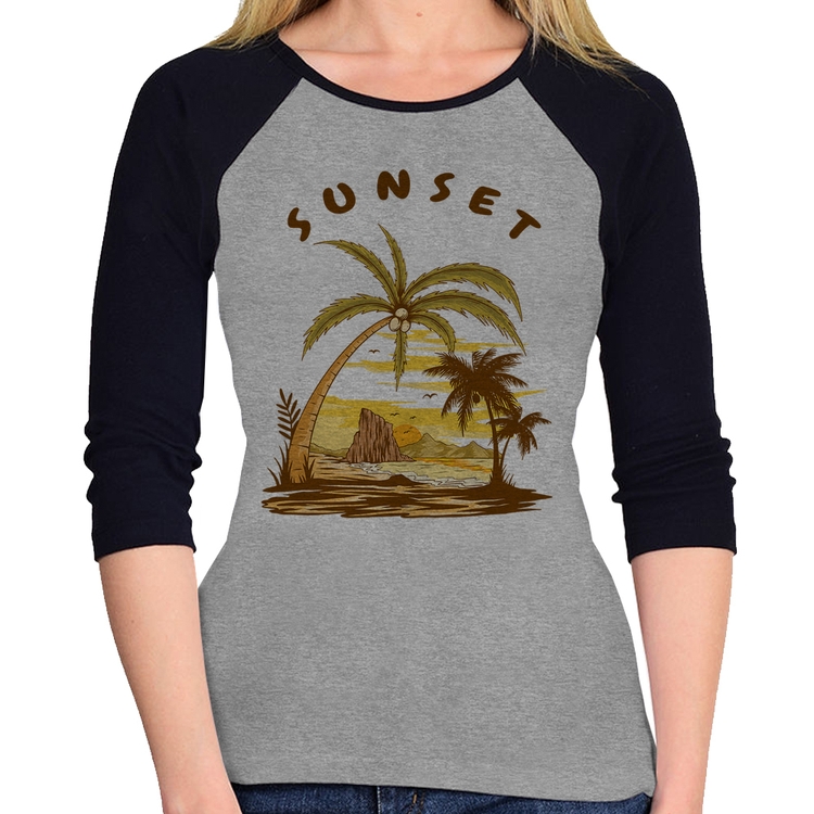 Baby Look Raglan Sunset Beach Manga 3/4 - Cinza/Preto
