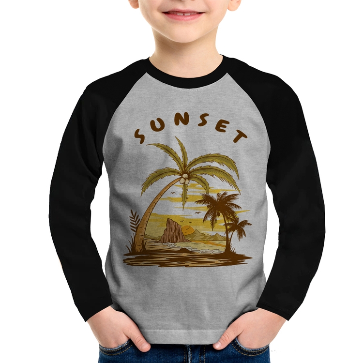Camiseta Raglan Infantil Sunset Beach Manga Longa - Cinza/Preto