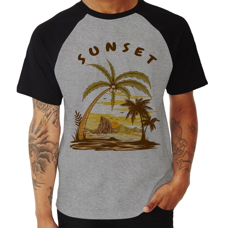 Camiseta Raglan Sunset Beach - Cinza/Preto