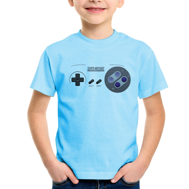Camiseta Infantil Super Nintendo SNES Gamepad - Azul Bebê