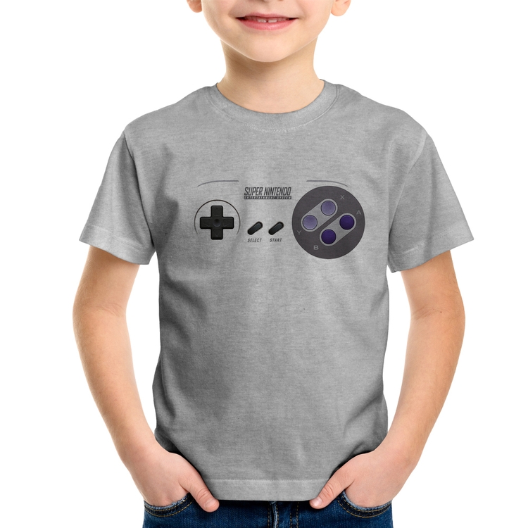 Camiseta Infantil Super Nintendo SNES Gamepad - Cinza