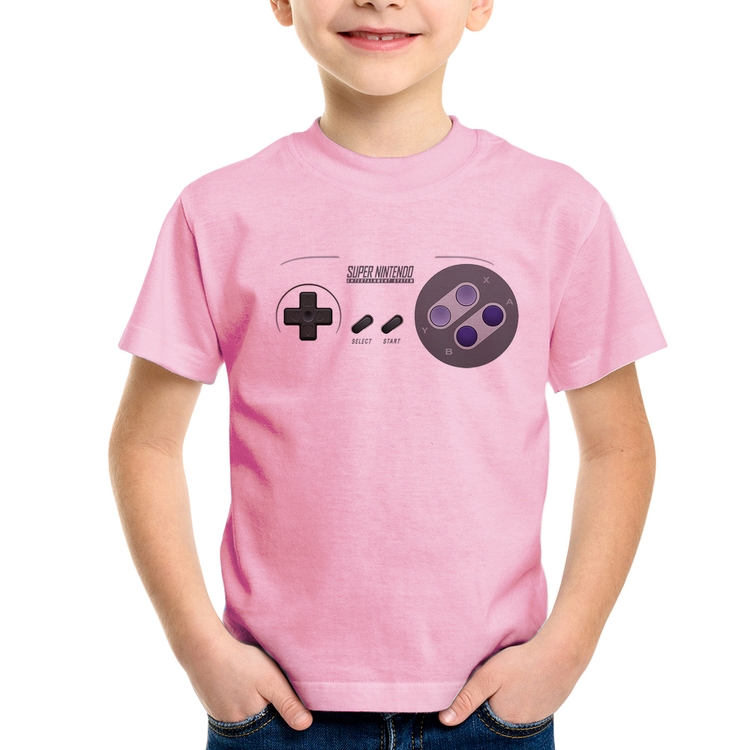 Camiseta Infantil Super Nintendo SNES Gamepad - Rosa Bebê