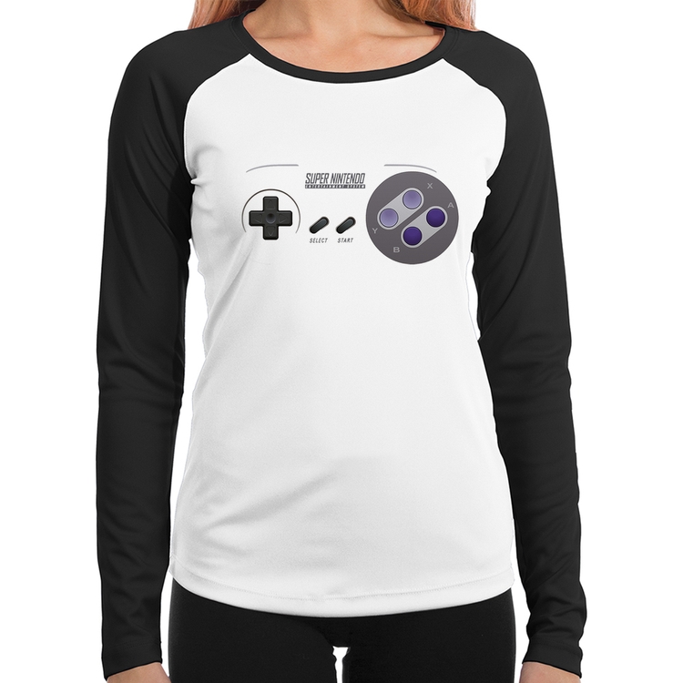 Baby Look Raglan Super Nintendo SNES Gamepad Manga Longa