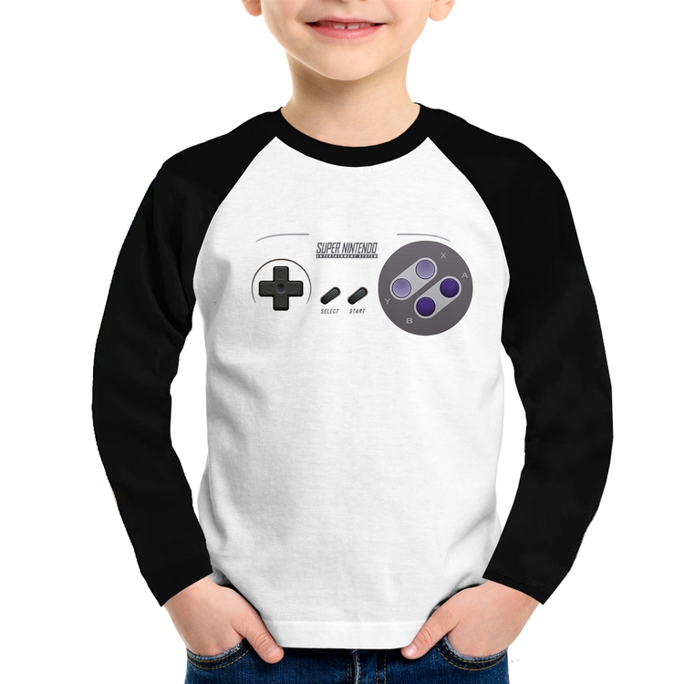 Camiseta Raglan Infantil Super Nintendo SNES Gamepad Manga Longa