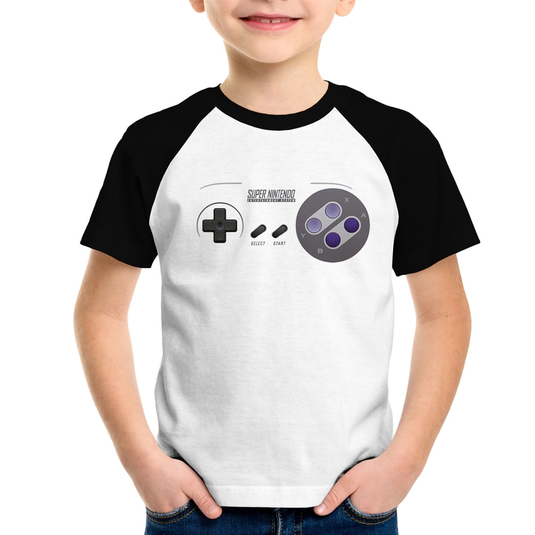 Camiseta Raglan Infantil Super Nintendo SNES Gamepad