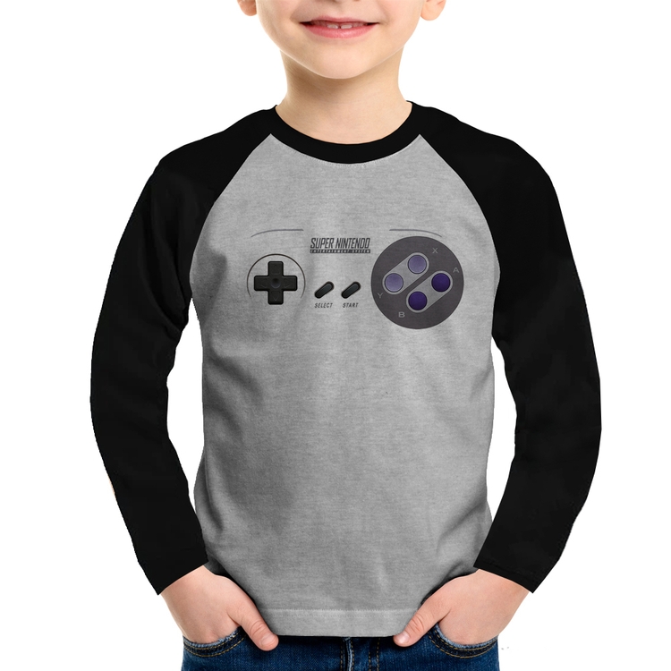 Camiseta Raglan Infantil Super Nintendo SNES Gamepad Manga Longa - Cinza/Preto