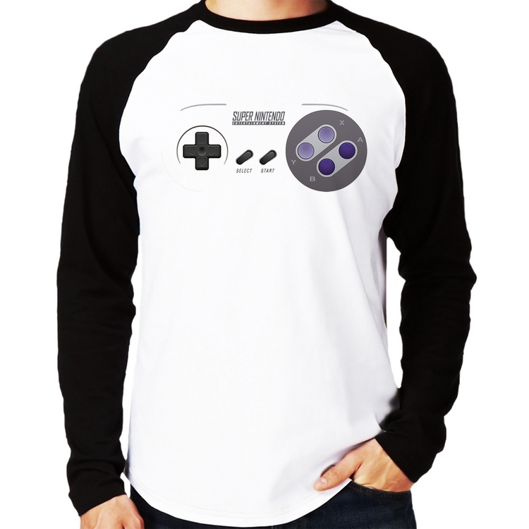 Camiseta Raglan Super Nintendo SNES Gamepad Manga Longa