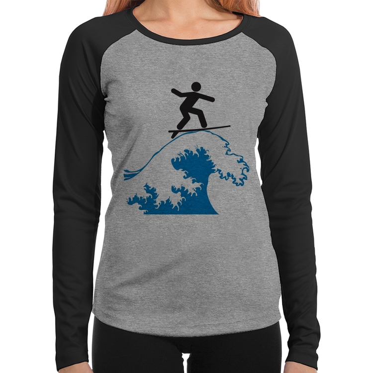 Baby Look Raglan Surfista Manga Longa - Cinza/Preto
