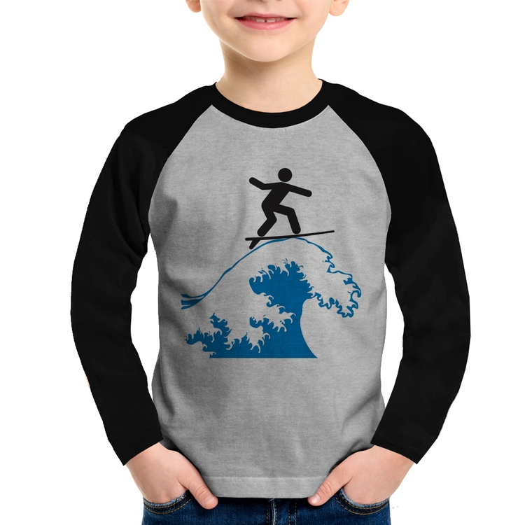 Camiseta Raglan Infantil Surfista Manga Longa - Cinza/Preto
