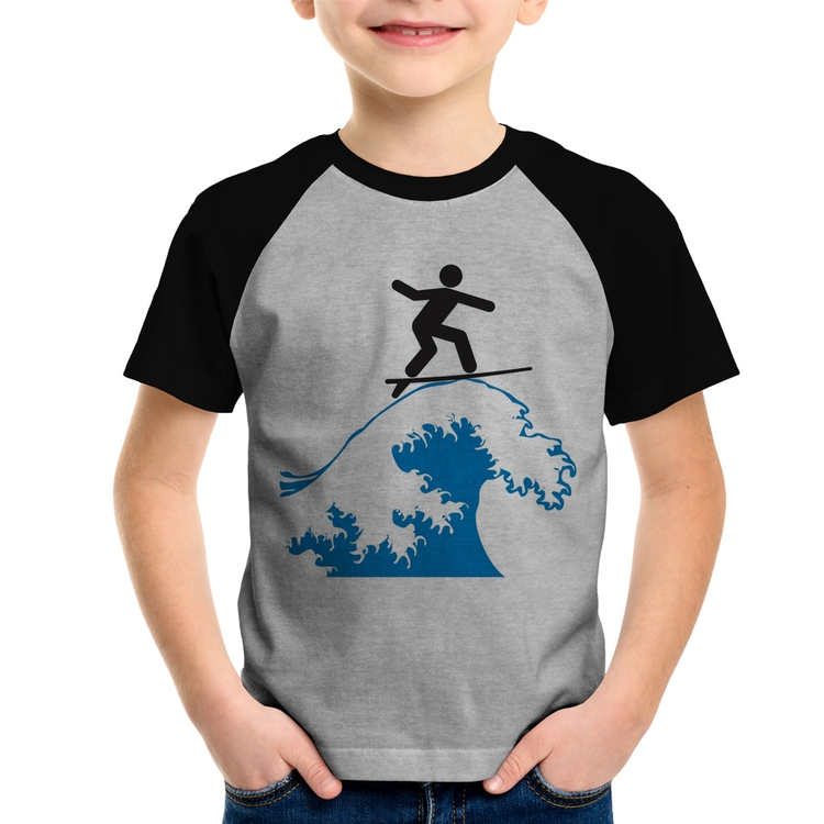 Camiseta Raglan Infantil Surfista - Cinza/Preto