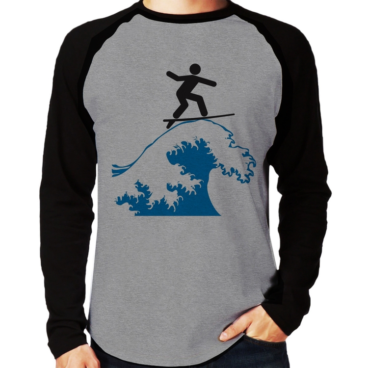 Camiseta Raglan Surfista Manga Longa - Cinza/Preto