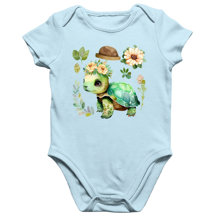 Body Bebê Algodão Tartaruga, flores e chapéu - Azul Bebê