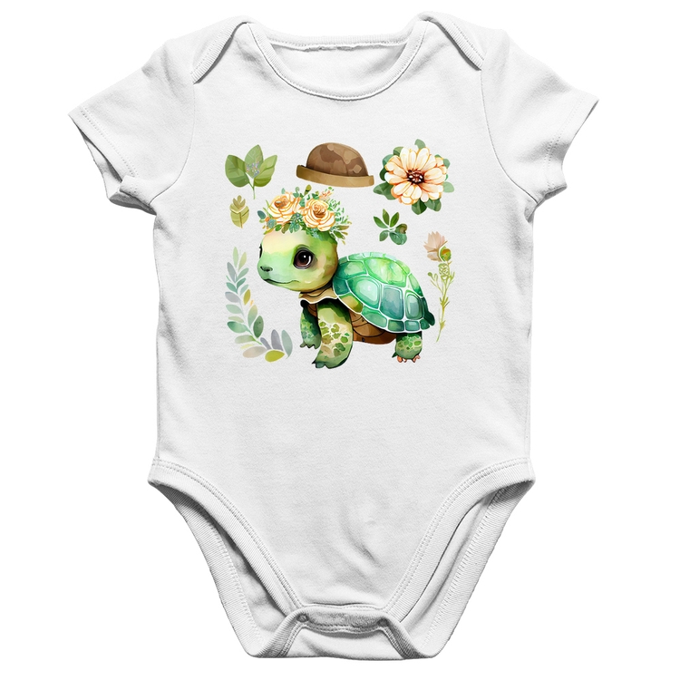 Body Bebê Algodão Tartaruga, flores e chapéu - Branco
