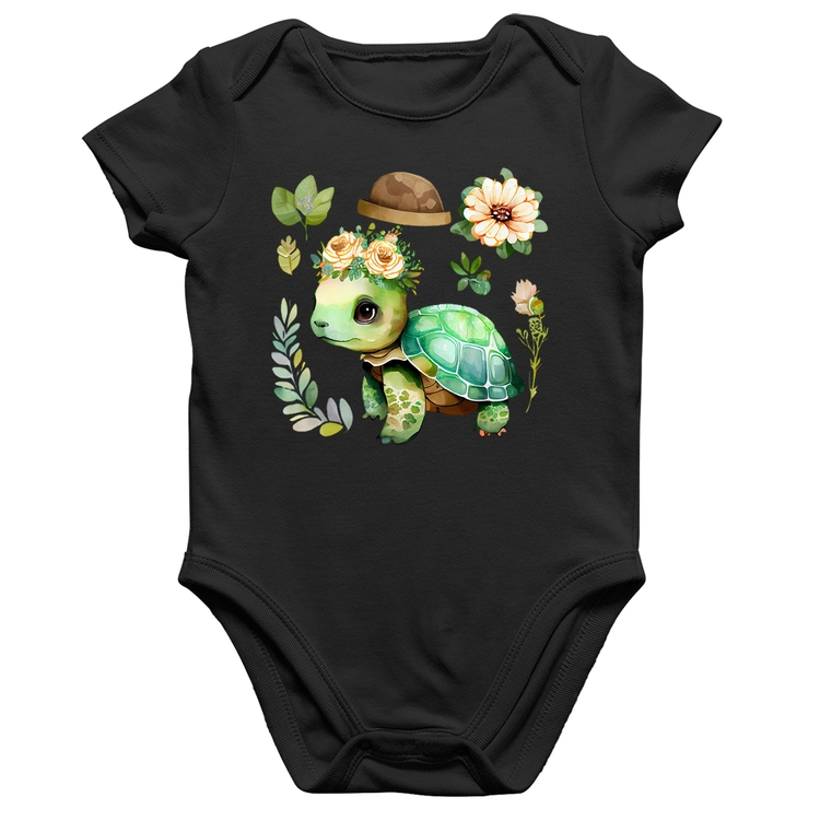 Body Bebê Algodão Tartaruga, flores e chapéu