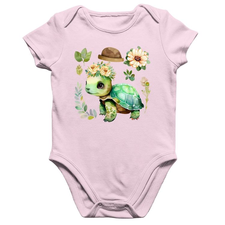 Body Bebê Algodão Tartaruga, flores e chapéu - Rosa Bebê
