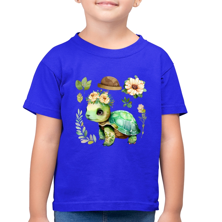 Camiseta Algodão Infantil Tartaruga, flores e chapéu - Azul Royal