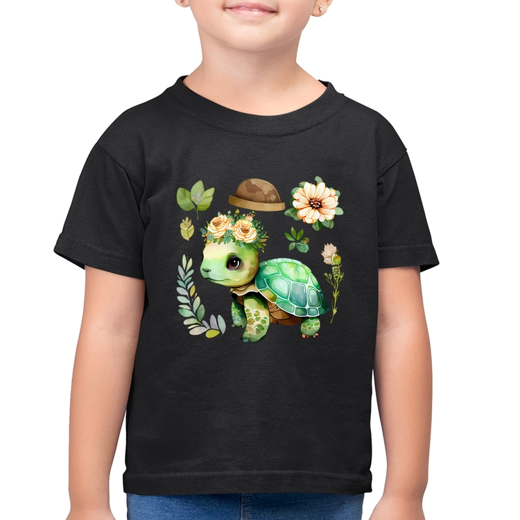 Camiseta Algodão Infantil Tartaruga, flores e chapéu