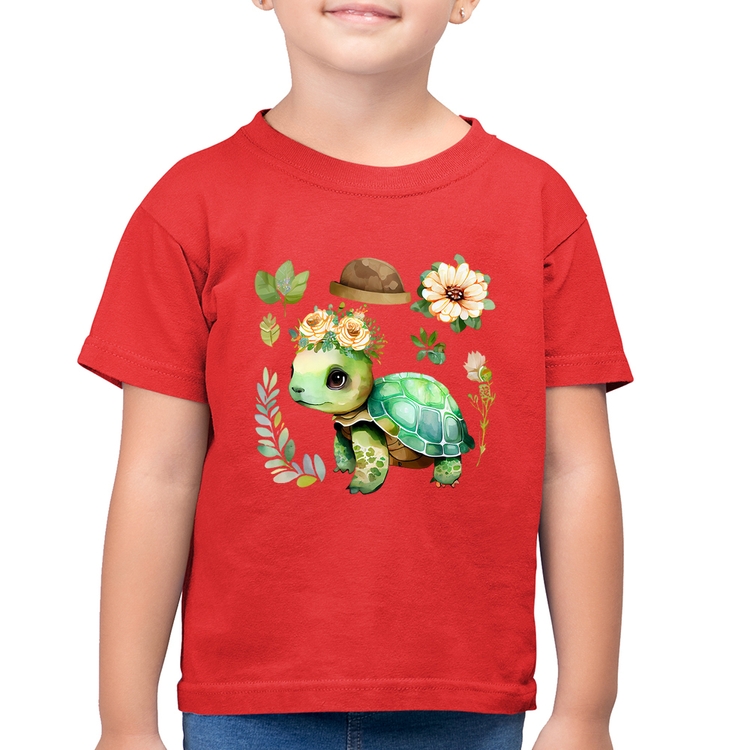 Camiseta Algodão Infantil Tartaruga, flores e chapéu - Vermelha
