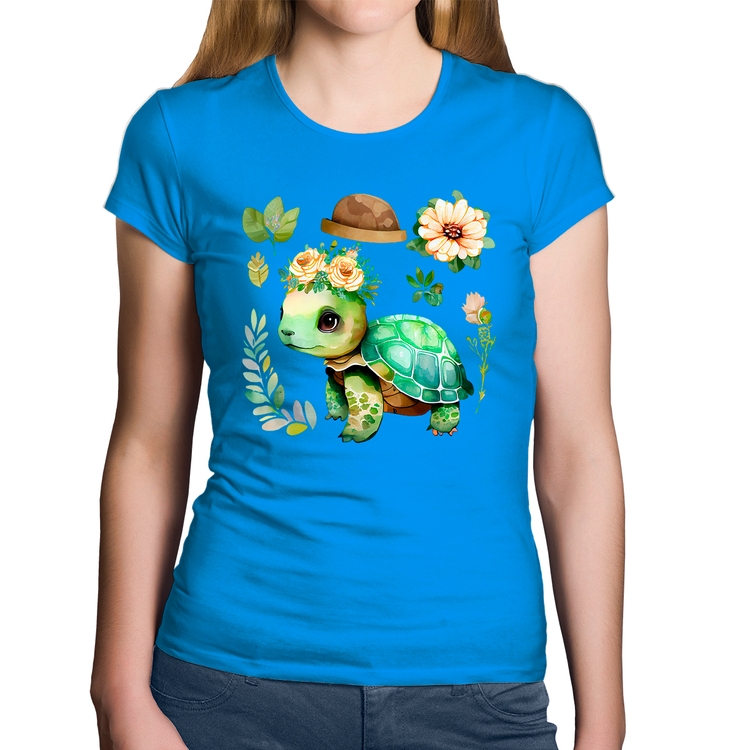 Baby Look Algodão Tartaruga, flores e chapéu - Azul