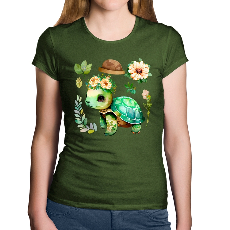 Baby Look Algodão Tartaruga, flores e chapéu - Musgo