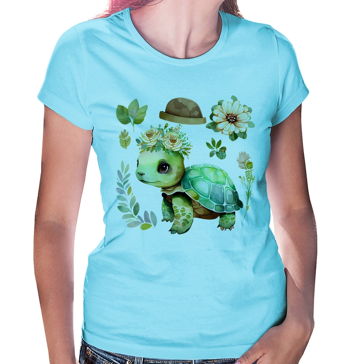 Baby Look Tartaruga, flores e chapéu - Azul Bebê