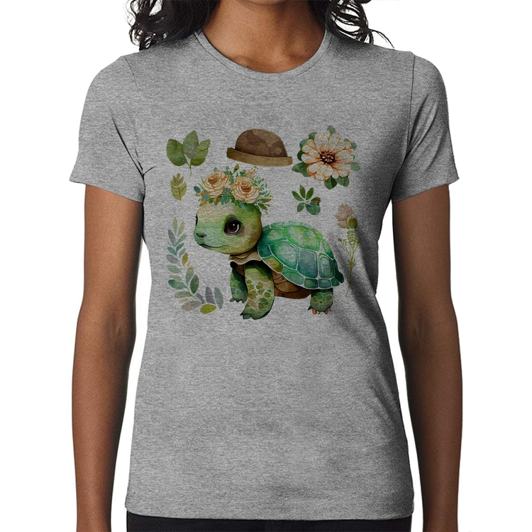 Baby Look Tartaruga, flores e chapéu - Cinza