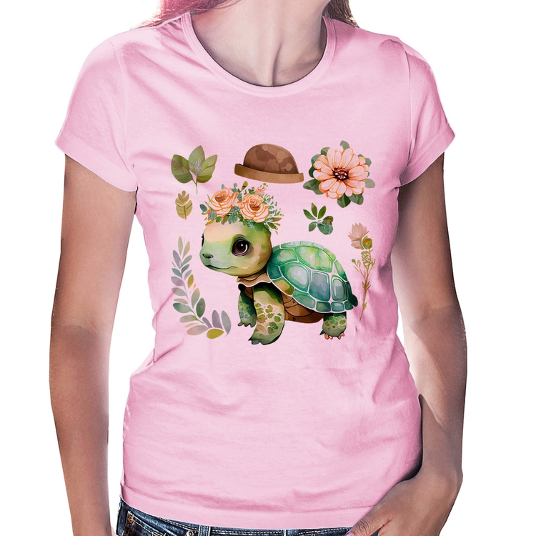 Baby Look Tartaruga, flores e chapéu - Rosa Bebê