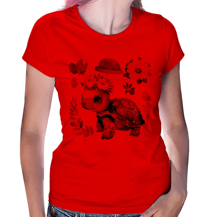 Baby Look Tartaruga, flores e chapéu - Vermelha