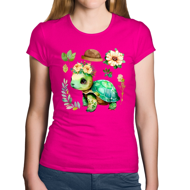 Baby Look Algodão Tartaruga, flores e chapéu - Rosa